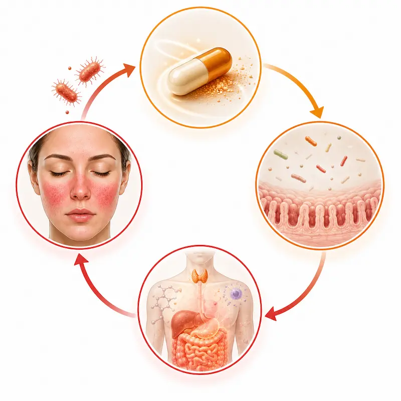 Circular diagram showing rosacea antibiotic relapse cycle temporary improvement gut damage upstream untouched relapse more resistant rosacea
