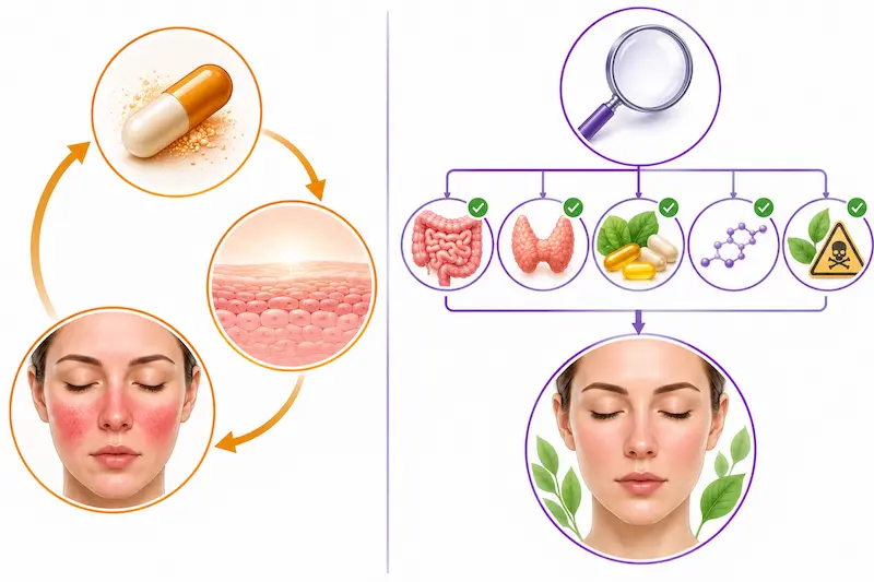 Can you treat rosacea without antibiotics? Diagram showing functional medicine upstream investigation pathway for rosacea as alternative to antibiotics addressing gut thyroid hormones nutrients and toxic burden