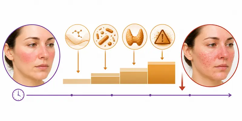 Timeline showing rosacea progression from type 1 persistent redness to type 2 pustular presentation as upstream burden accumulates over time without investigation