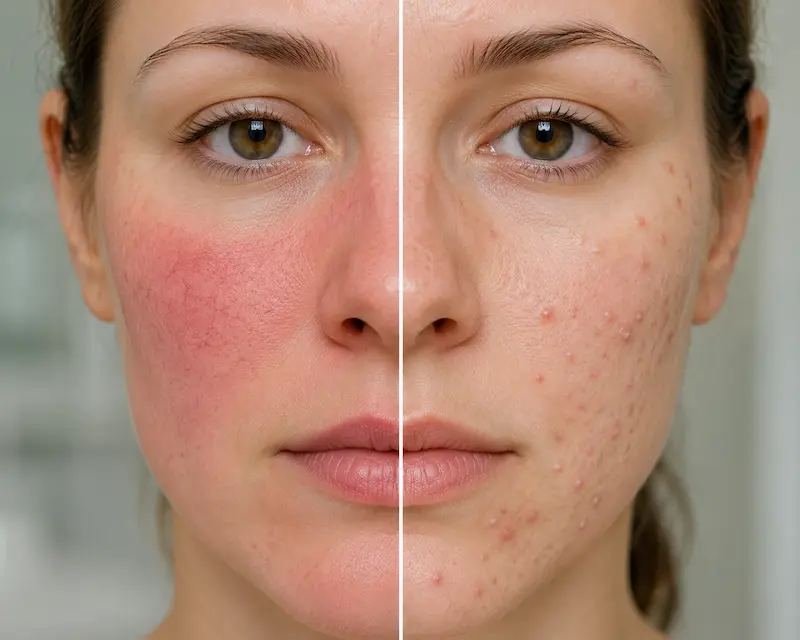Rosacea vs acne — close up comparison of facial redness and pustules showing difference between rosacea and acne skin conditions