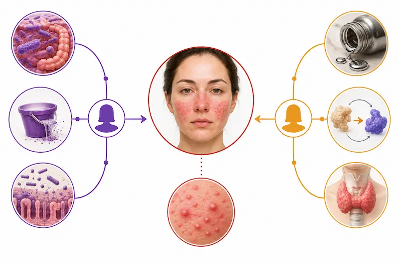 Diagram showing two patients with identical type 2 rosacea label having completely different upstream driver pictures requiring different functional medicine investigation

