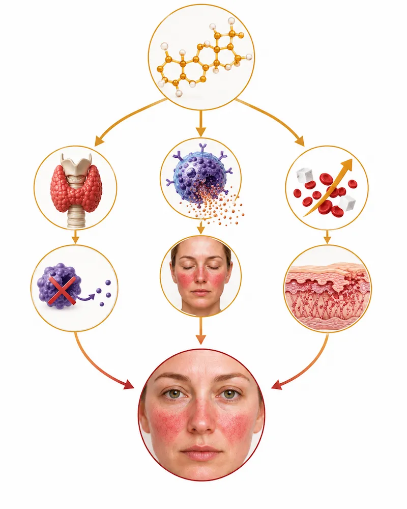Diagram showing three ways cortisol worsens rosacea through thyroid suppression mast cell activation and blood sugar elevation causing skin structural damage
