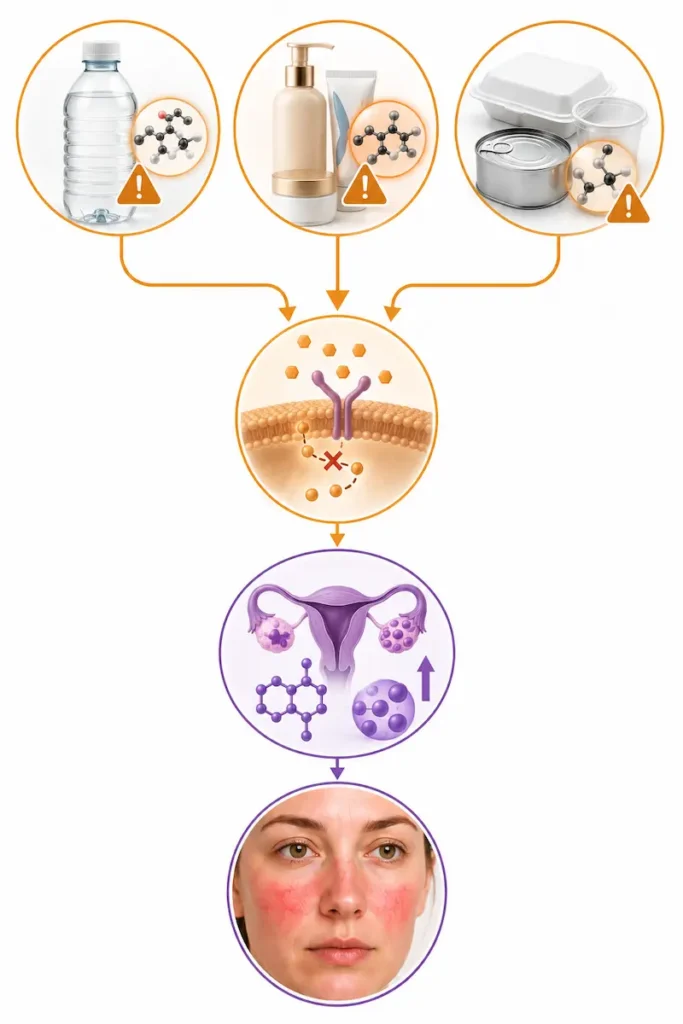 Diagram showing endocrine disrupting chemicals BPA and phthalates from cosmetics and plastics driving insulin resistance and PCOS hormonal cascade contributing to rosacea