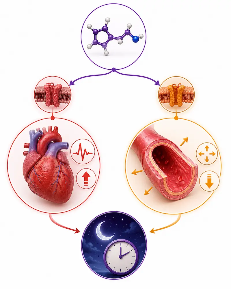 Diagram showing histamine H2 receptor cardiac mechanism causing nighttime heart palpitations and H1 receptor vasodilation causing lightheadedness