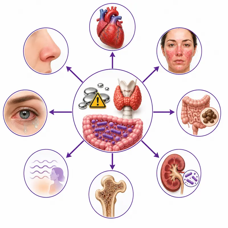 Diagram showing single upstream histamine and toxic burden picture producing heart palpitations rosacea constipation UTIs osteoporosis and hormonal symptoms simultaneously