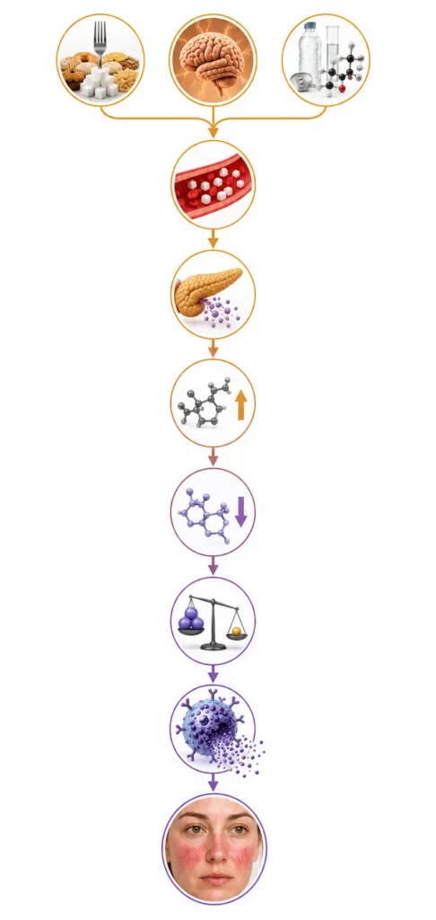 Diagram showing PCOS hormonal cascade from blood sugar dysregulation through insulin excess elevated androgens suppressed progesterone estrogen dominance to rosacea mast cell activation