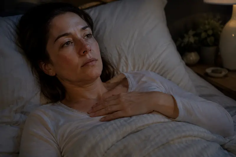 What causes heart palpitations at night — woman lying awake with hand on chest experiencing nighttime palpitations histamine functional medicine connection