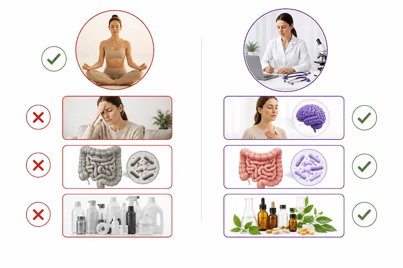 Diagram comparing stress management addressing only emotional stress versus functional medicine investigating all three stress sources including gut health blood sugar and toxic burden for rosacea
