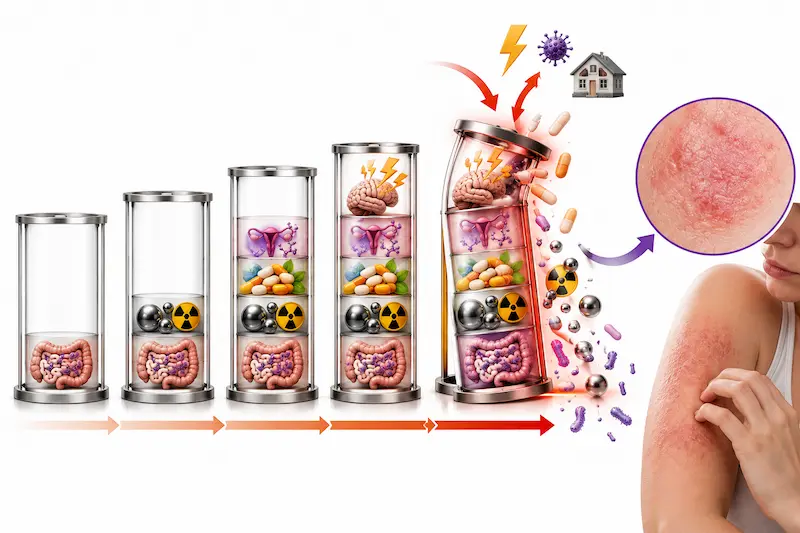 Diagram showing eczema final straw model with accumulated upstream burden of gut dysbiosis toxic burden stress and nutrient depletion crossing threshold to produce eczema