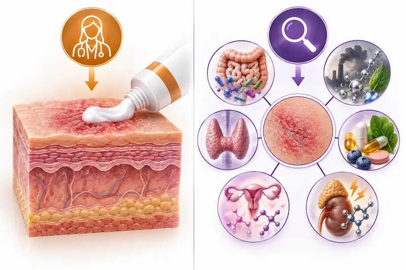 Comparison diagram showing dermatology treating eczema skin surface versus functional medicine investigating gut toxic burden thyroid nutrients hormones upstream drivers
