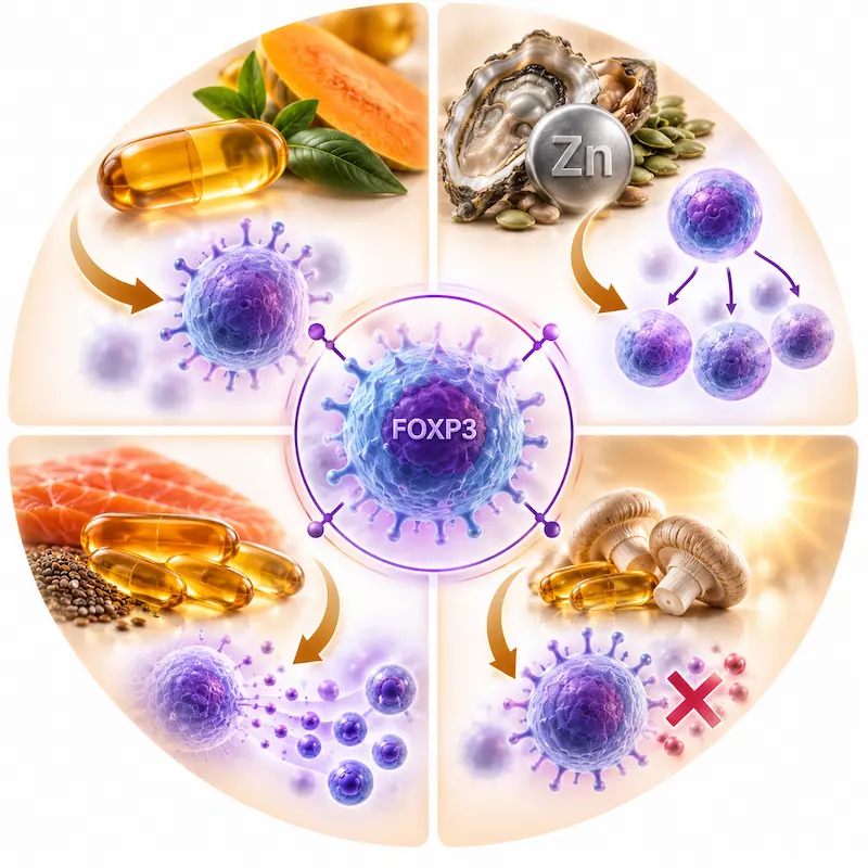 Diagram showing four key immune nutrients vitamin A zinc omega-3 fatty acids and vitamin D that support regulatory T cell Treg function to help rebalance from Th2 dominance in eczema
