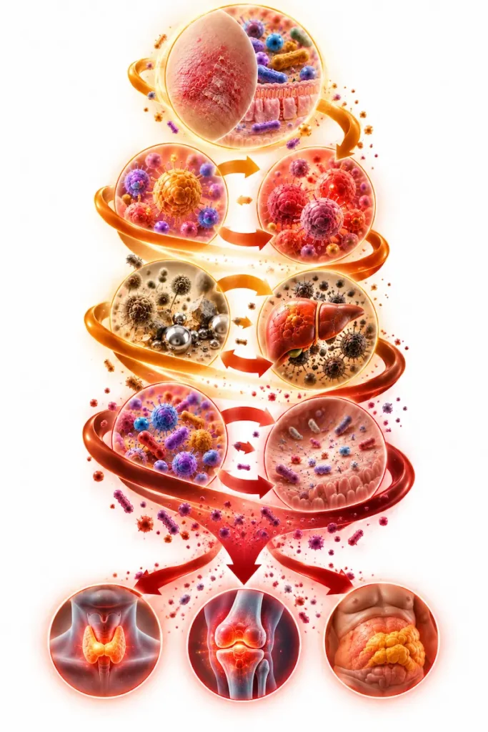 Diagram showing how leaky gut and eczema cascade compounds over time with inflammation increasing inflammation toxins impairing detoxification gut dysbiosis worsening with age and new symptoms emerging