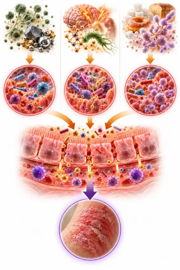 Diagram showing three upstream perpetrators of leaky gut in eczema patients — mycotoxins and toxic burden, chronic stress and H. Pylori, refined carbohydrates and Candida — all leading to gut dysbiosis and leaky gut driving eczema