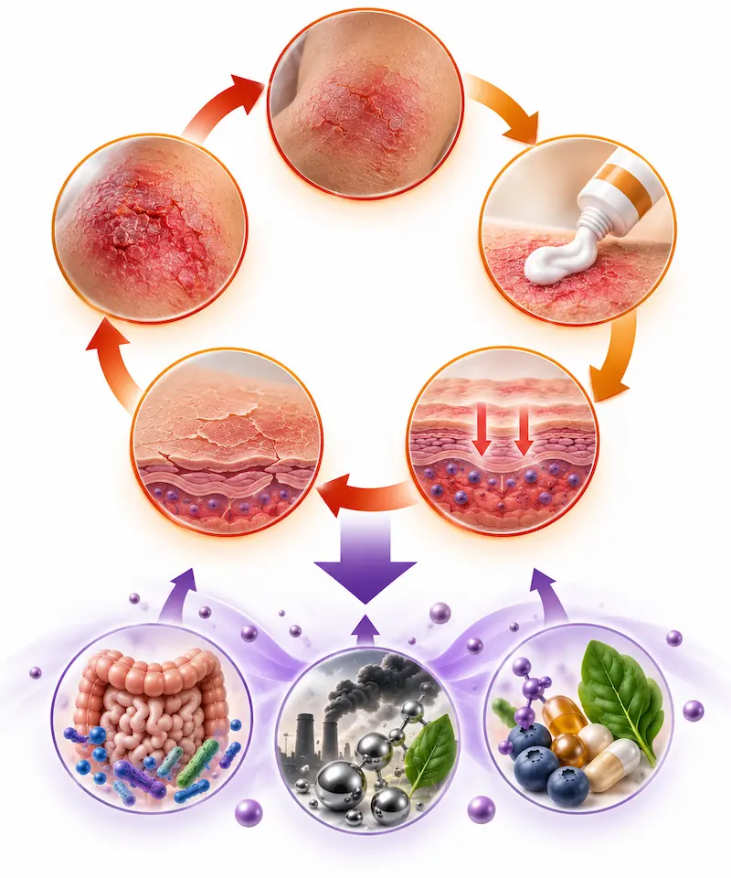 Diagram showing why eczema keeps coming back — steroid cream suppresses inflammation temporarily while barrier damage accumulates and upstream drivers including gut dysbiosis toxic burden and nutrient depletion continue compounding behind the scenes
