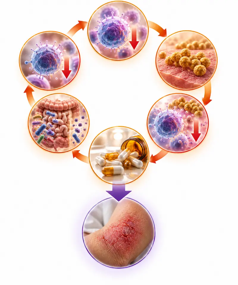 Diagram showing how Treg insufficiency in eczema allows S. aureus colonization which further impairs Treg function while antibiotics deplete gut microbiome reducing Treg-supportive signals worsening the cycle

