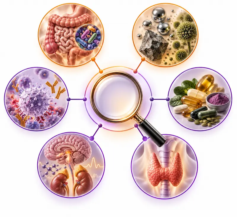 Diagram showing functional medicine upstream investigation for recurrent eczema examining gut dysbiosis SIBO toxic burden mercury nickel mycotoxins nutrient insufficiencies zinc vitamin A magnesium B vitamins omega 3