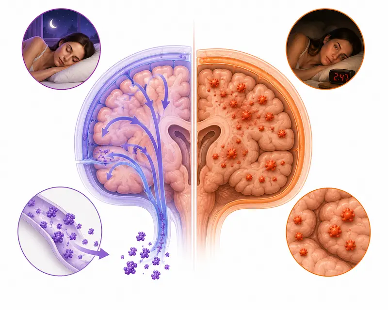 Can poor sleep make rosacea worse - diagram showing brain glymphatic system clearing toxic proteins during sleep versus accumulation of proteins linked to dementia with chronic poor sleep