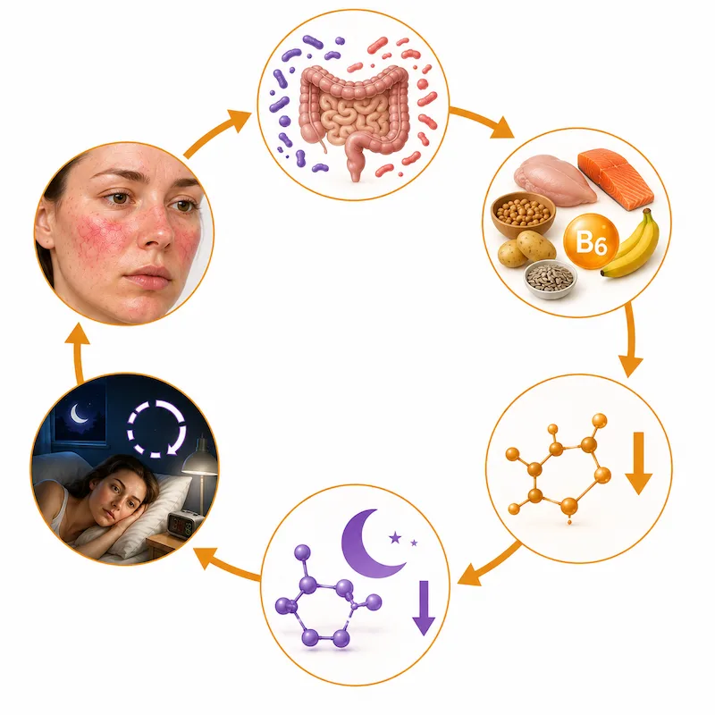 Diagram showing gut health producing serotonin through B6 pathway then melatonin and how gut dysbiosis depletes B6 serotonin melatonin and worsens rosacea and sleep