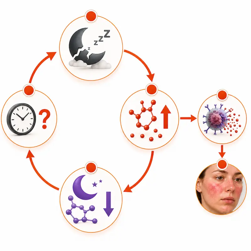 Diagram showing one night of poor sleep raising cortisol the next evening suppressing melatonin the following night creating a self-sustaining sleep deprivation rosacea cycle