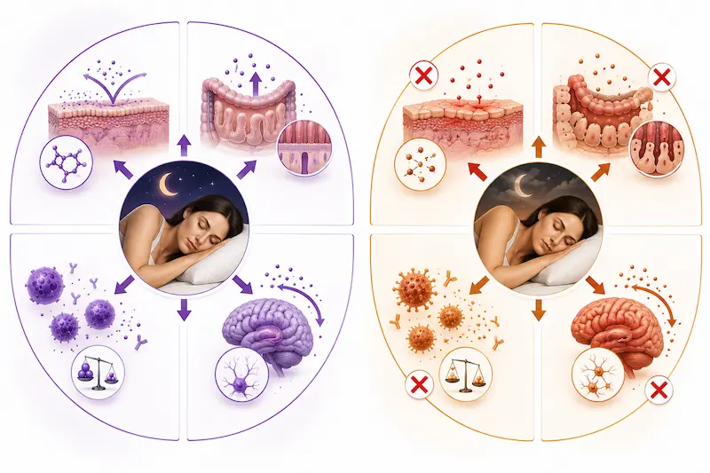 Diagram showing sleep as active repair window for skin gut immune system and brain with poor sleep removing all repair processes simultaneously