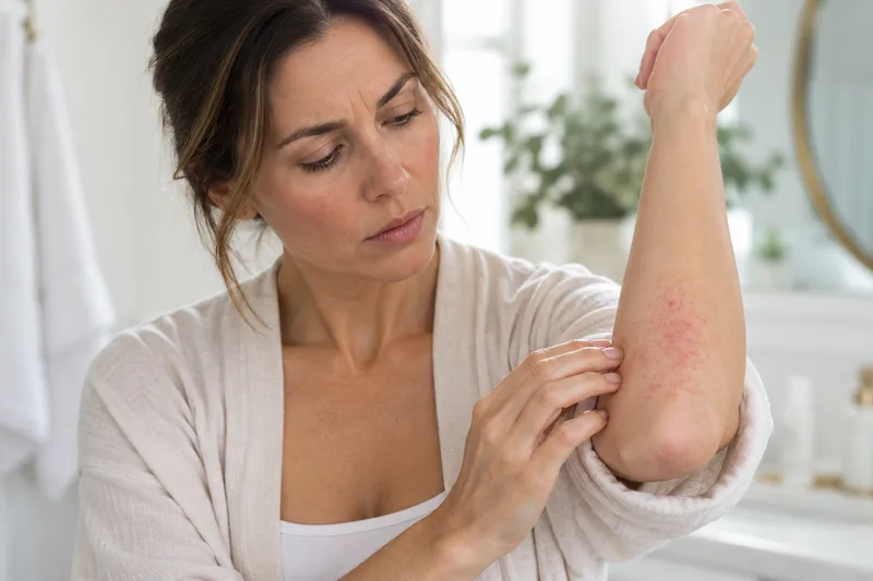 Why do I have eczema all of a sudden — woman looking at reddened itchy skin on arm wondering why eczema appeared functional medicine upstream investigation