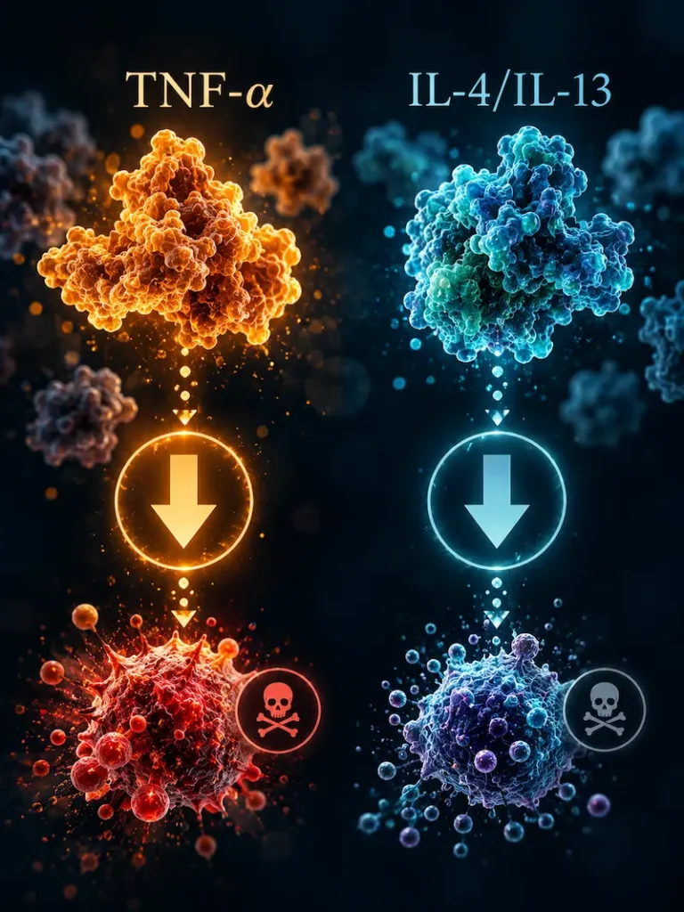 Diagram of two biologic drug pathways used in eczema treatment — TNF-alpha inhibitors and IL-4/IL-13 blockers — each showing immune suppression and downstream risk