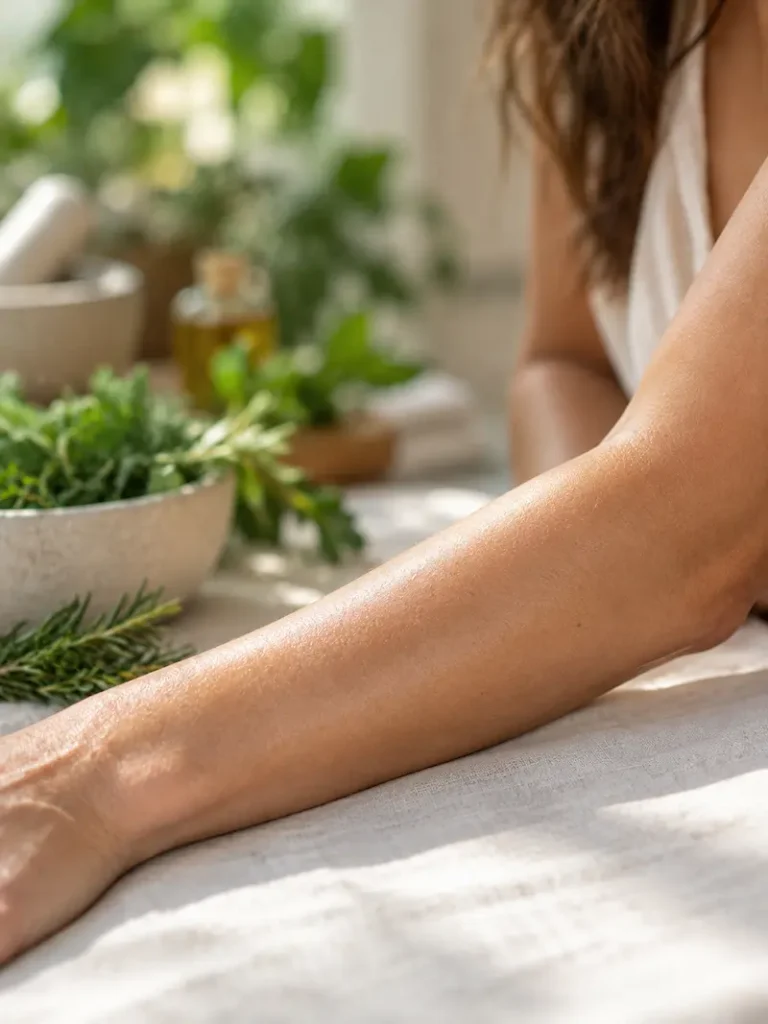 Can eczema be cured — woman examining clear skin on her arm after functional medicine treatment