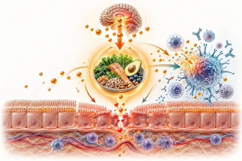 Conceptual illustration of the anti-inflammatory diet paradox in eczema — healthy foods becoming immune antigens in a dysregulated immune environment

