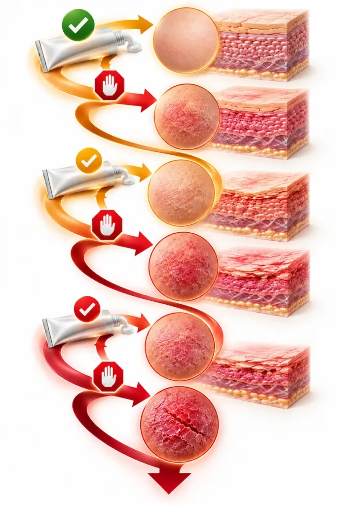 Diagram showing the eczema steroid cream re-introduction cycle: first course clears eczema, stops, eczema returns worse, second course works less, stops, returns faster, third course barely works, showing how each cycle produces diminishing results