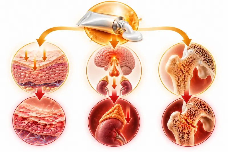 Diagram showing three mechanisms why steroid cream makes eczema worse over time: barrier damage from gene inhibition, HPA axis suppression from systemic absorption, and osteoporosis risk from prolonged potent use