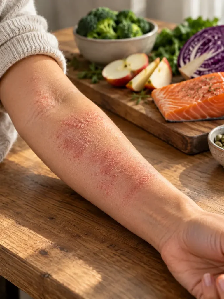 Foods that can cause eczema — woman with eczema on arm looking at food choices