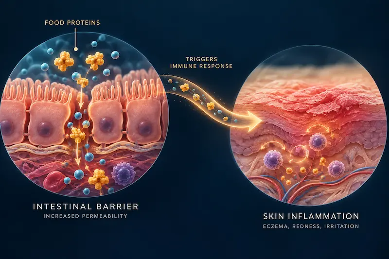 Foods that can cause eczema — gut to skin inflammation pathway diagram