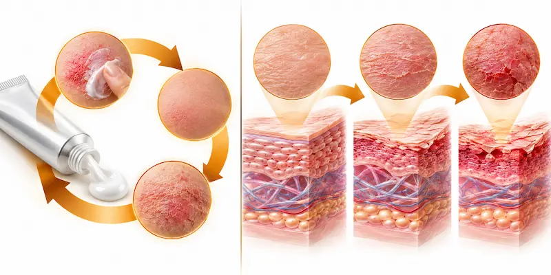 Why does eczema come back after steroids — illustration showing the steroid re-introduction cycle with diminishing results over time alongside barrier damage accumulation and upstream drivers continuing to build
